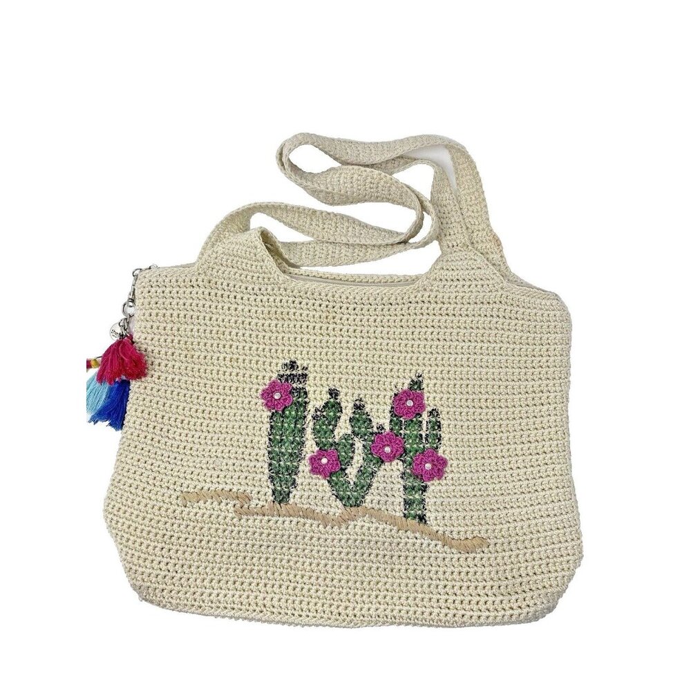 The Sac Ecru Crochet Cactus Flower Hobo Shoulder Bag Tassel Bag Charm Purse - Picture 8 of 8